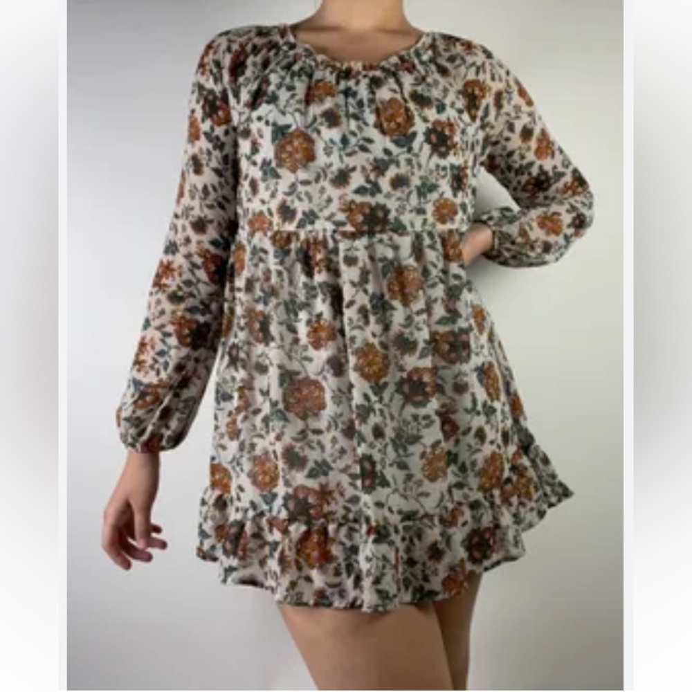 Ophelia Roe women’s floral boho tunic dress long sheer sleeves mini size 2X